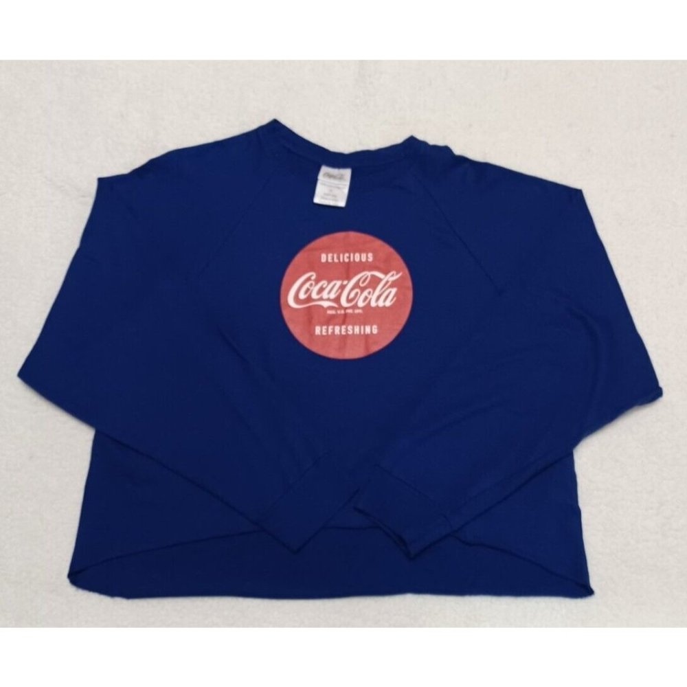 WOMANS COCA COLA LONG SLEEVE CROP TOP XL Blue Delicious Refreshing 100% Cotton